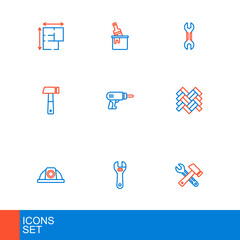 Set line Window in room, Adjustable wrench, Worker safety helmet, Parquet, Hammer, Electric drill machine, Wrench spanner and Paint bucket with brush icon. Vector