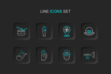 Set line Trumpet, Leprechaun, Glass of beer, Smoking pipe, hat, Clover trefoil leaf, and Drum with drum sticks icon. Vector