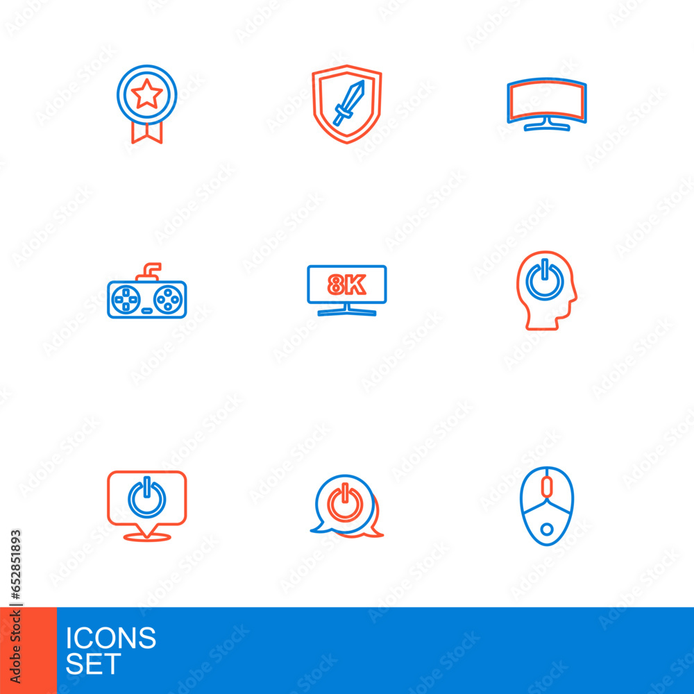 Poster set line computer mouse, power button, game controller or joystick, monitor, and sword for game icon