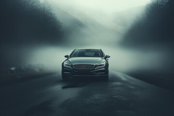 Fototapeta na wymiar Beautiful car in nature. Expensive car in fog