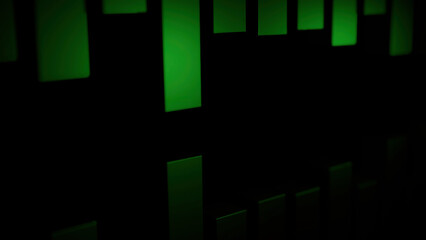 Blue and green stripes. Design. Black background with stripes that go down and up in different directions in 3d format.