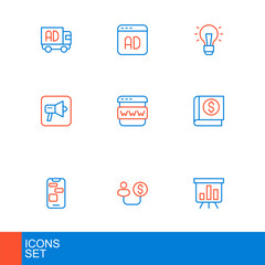 Set line Board with graph chart, Human and money, Mobile 24 hours support, Financial book, Megaphone, Browser window, Light bulb and Advertising icon. Vector