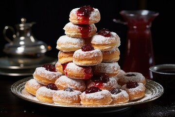 traditional jelly-filled doughnuts stacked on a tray