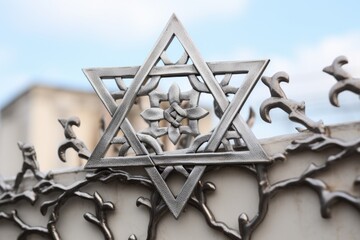 silver star of david on a white synagogue wall - obrazy, fototapety, plakaty