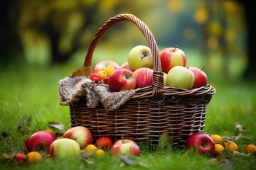 wicker basket with apples and autumn foliage on grass