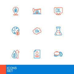 Set line Tanker truck, Contract money and pen, Oil price increase, petrol test tube, drop with dollar symbol, CO2 emissions cloud, Word oil and pump pump jack icon. Vector