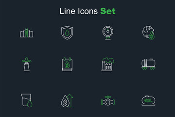 Set line Oil tank storage, pipe with valve, price increase, petrol test tube, railway cistern, and gas industrial factory, drop dollar symbol and rig icon. Vector