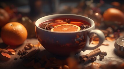 Hot tea with orange, anise and cinnamon in mug on table. Winter abstract background. Generative AI