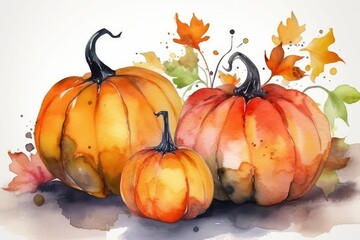 Three watercolor pumpkins, autumn abstract background. Generative AI