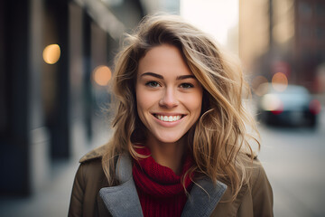 Obraz premium Portrait of a beauty and handsome woman smiling looking at the camera in the downtown city. Created by AI generative.