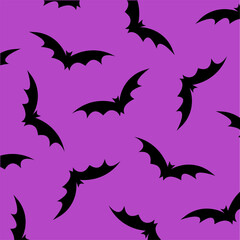 Halloween vector pattern with flying bats, decorative background in black and purple colours