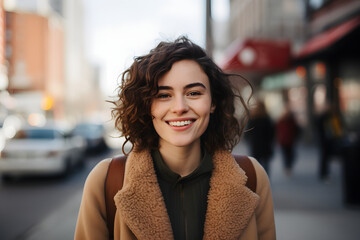 Portrait of a beauty and handsome woman smiling looking at the camera in the downtown city. Created by AI generative.
