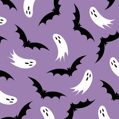 Halloween vector decorative pattern with flying bats and ghosts 