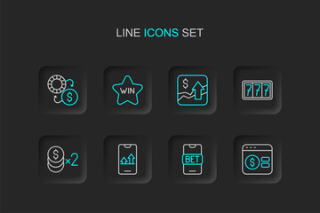 Set line Online poker table game, sports betting, Casino chip with dollar, Slot machine jackpot, Financial growth increase, win and chips exchange icon. Vector