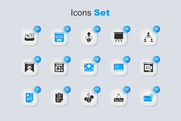 Set From 9 to 5 job, Online shopping on screen, Monitor with dollar, Resume, Mail and e-mail, Advertising, Cargo ship boxes delivery and Stacks paper money cash icon. Vector