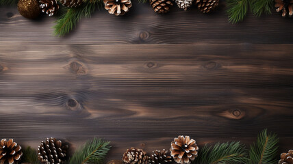 top view of empty wooden table with Christmas decoration and copyspace for text,Christmas background