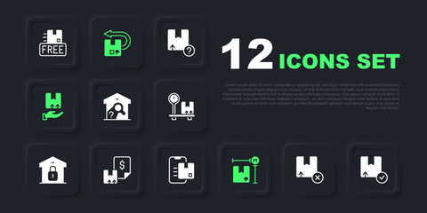 Set Carton cardboard box, Warehouse check, Cardboard measurement, Delivery hand with, Waybill, Return and Document tracking marker icon. Vector