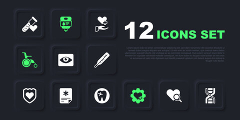 Set Medical heart inspection, DNA symbol, Red eye effect, Heart with cross, Wheelchair for disabled person, Patient record, IV bag and Tooth caries icon. Vector