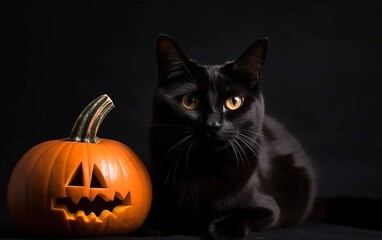 A black cat in a Halloween costume on a background with smoke and a pumpkin