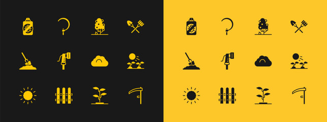 Set Shovel and rake, Garden fence wooden, Cloudy weather, Sprout, hose, Fruit tree, Spray against insects and Sickle icon. Vector