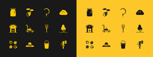 Set Cloudy weather, Farmer worker hat, Garden pitchfork, Bucket, Lawn mower, Sickle, Glass jar with screw-cap and Sprout icon. Vector