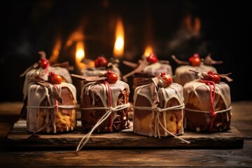 christmas cakes wrapped in brown paper and string - obrazy, fototapety, plakaty