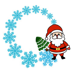 Wreath frame snowflakes blue with Santa Claus Decorative winter illustration Isolated on white background for design decorating invitations and cards, making stickers, print on packaging and textiles.