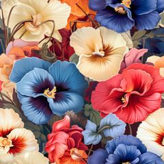 Colorful Pansy Flowers vintage style, Seamless pattern , AI generated