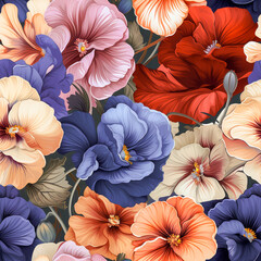 Colorful Pansy Flowers vintage style, Seamless pattern , AI generated