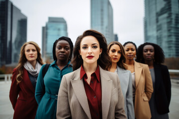 Obraz premium group of diverse women in leadership roles, standing in solidarity, on a flat corporate skyline background