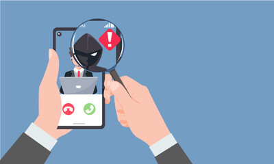 Hand businessman Holding smartphone and check call from unknown or stranger number. Scam, Prank, Fraud, and phishing on a mobile phone. Vector illustration flat design. - obrazy, fototapety, plakaty