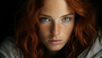 Naklejka premium A beautiful young woman with brown hair looking at camera generated by AI