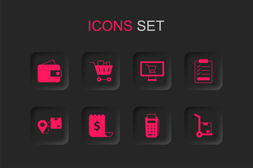 Set Paper check and financial check, Shopping cart food, Wallet, POS terminal, Clipboard with checklist, Hand truck boxes, on monitor and Location cardboard icon. Vector