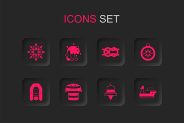Set Striped sailor t-shirt, Tsunami, Ship steering wheel, bell, Compass, Cargo ship, Nautical rope knots and Inflatable boat with motor icon. Vector