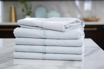 stack of percale weave bedsheets on a granite counter