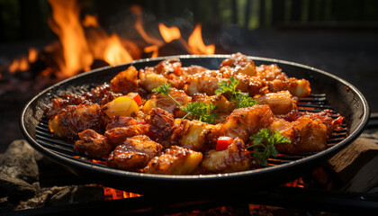 Grilled meat on a plate, cooked over a glowing campfire generated by AI