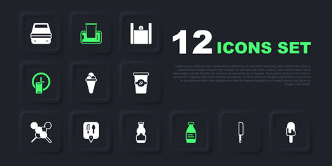 Set Knife, Ice cream, in waffle, Bottle of water, Round the clock delivery, Cafe and restaurant location, Food ordering mobile and Sauce bottle icon. Vector