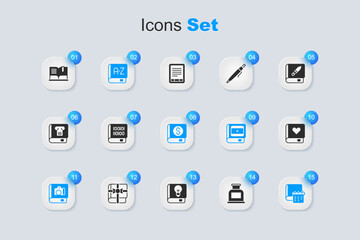 Set Inkwell, Books about programming, Translator book, Photo album gallery, Daily paper notepad, Romance, Open and Financial icon. Vector