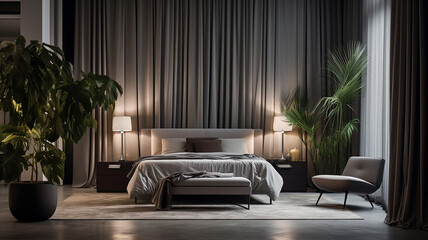 Przytulna elegancka luksusowa sypialnia w stonowanych kolorach z z roślinami domowymi - obrazy, fototapety, plakaty