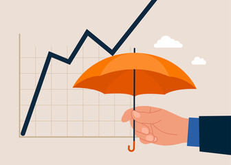 Protection from crisis. Hand businessman holding umbrella protect graph down. Flat vector illustration