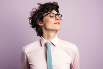 transgender individual wearing shirt and tie, confidence emanating, on a soft pastel gradient background