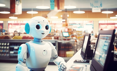A white cute humanoid robot works at the cash register in a supermarket. The future concept. AI generated. - obrazy, fototapety, plakaty