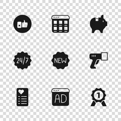 Set Advertising, Scanner scanning bar code, Medal, Price tag with New, Piggy bank, Hand like, Online shopping on screen and Clock 24 hours icon. Vector