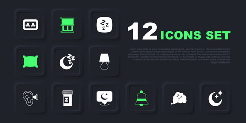 Set Sleepy, Moon and stars, Ringing bell, Pillow, Sleeping pill, Window with curtains and icon. Vector