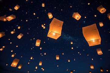 paper lanterns floating in a night sky - obrazy, fototapety, plakaty