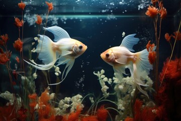 twin goldfish swimming side by side in a fancy aquarium