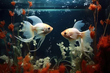 Fotobehang twin goldfish swimming side by side in a fancy aquarium © Natalia