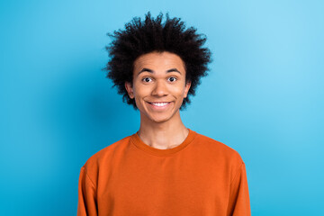 Portrait of candid sincere optimistic guy with afro hairstyle dressed brown pullover toothy smiling isolated on blue color background