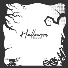 Halloween grunge frame border with creepy tree and haunted house