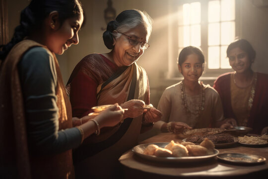 new year party in india. generational women prepare dinner in the kitchen. generated with AI.